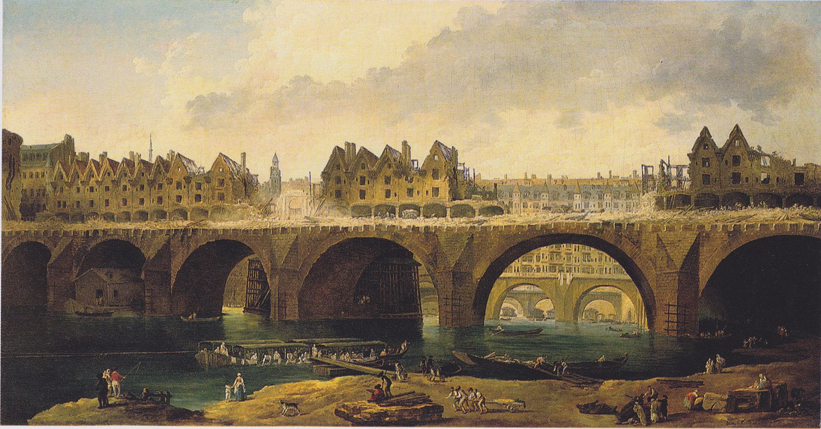 Hubert Robert, La d&eacute;molition des maisons du pont Notre-Dame. Huile sur toile, vers 1786, collection Staatliche Kunsthalle Karlsruhe
