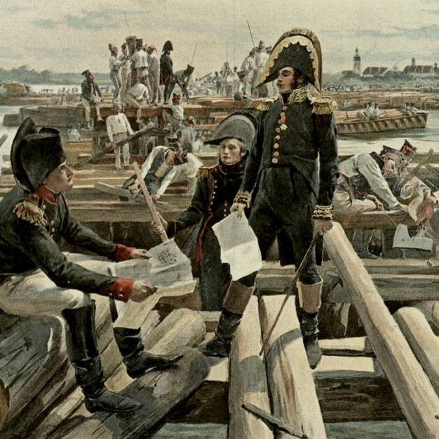 Soldiers assembling a floating bridge to the island of Lobau during the Austrian campaign of 1809. Félicien de Myrbach (1853 - 1940)