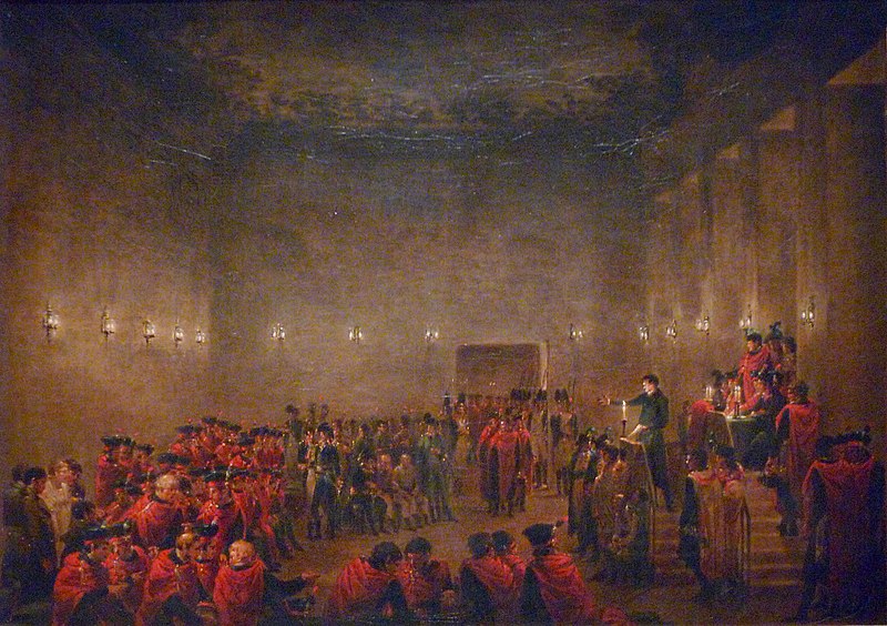 Jacques Sablet, La salle des Cinq-Cent &agrave; Saint-Cloud le soir du 18 brumaire an VIII.&nbsp;Huile sur toile, 1799, Mus&eacute;e d&rsquo;arts de Nantes